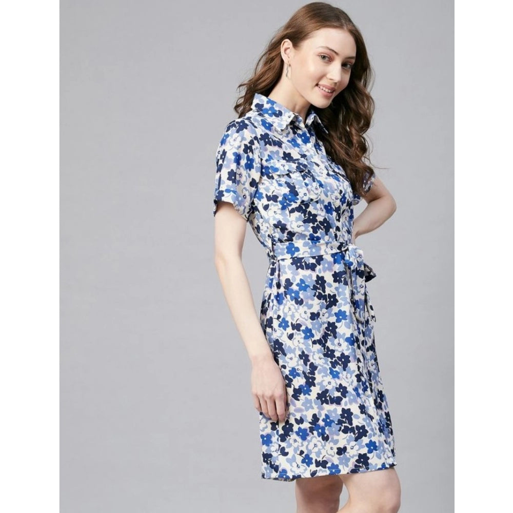 Indoraa Women's Polyester Floral Short Sleeve Above Knee Dress (Blue - White)