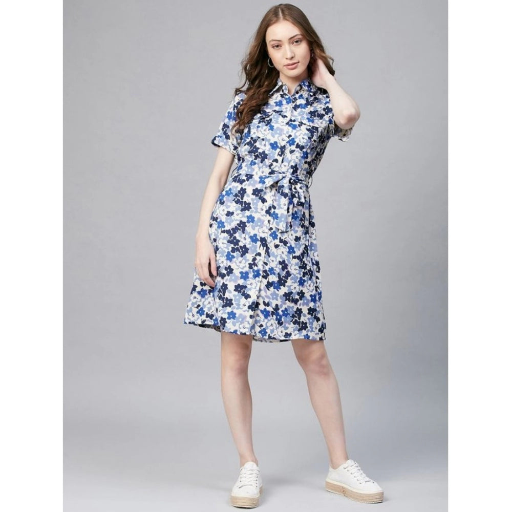 Indoraa Women's Polyester Floral Short Sleeve Above Knee Dress (Blue - White)