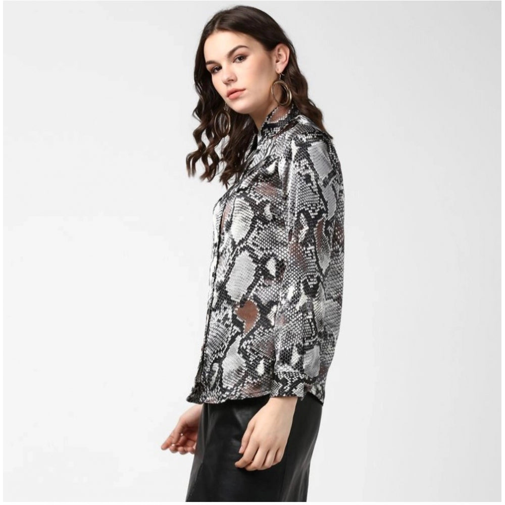 Indoraa Women's Satin Animal Print Long Sleeves Standard Length Shirt (Black - Grey)