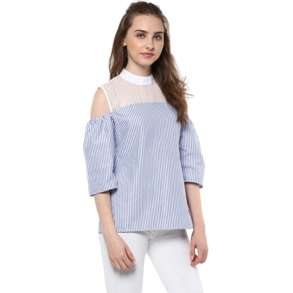 Indoraa Women's Cotton Striped Cold Shoulder Top (Blue)