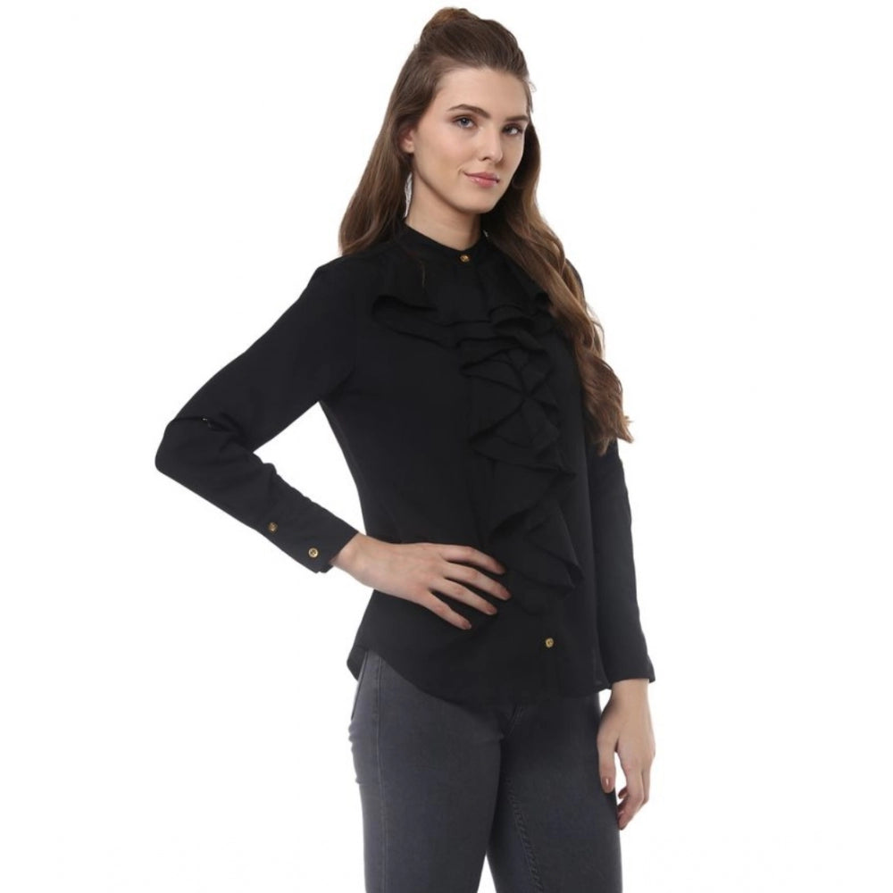 Indoraa Women's Polyester Ruffled Long Sleeves Top (Black)