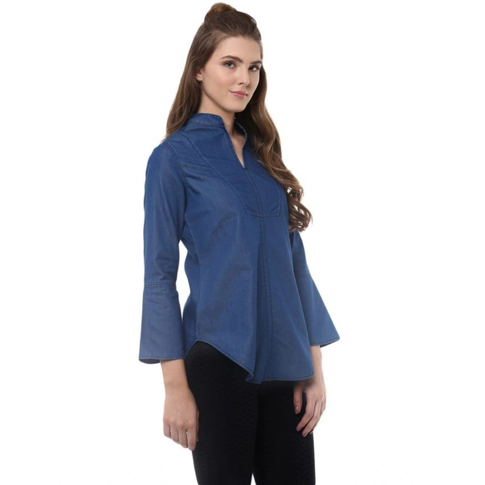 Indoraa Women's Denim Solid Bell Sleeve Regular Top (Blue Denim)