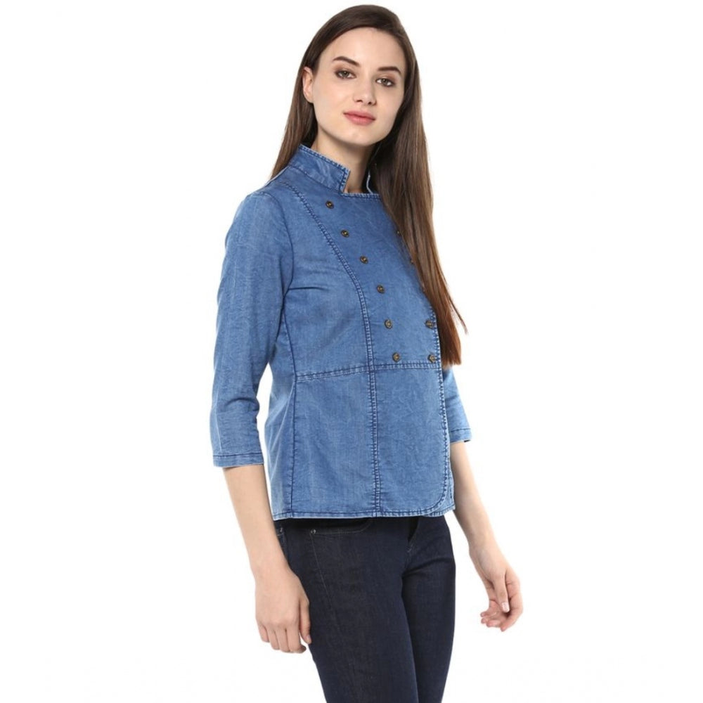Indoraa Women's Denim Solid 3-4th Sleeves Regular Top (Blue)