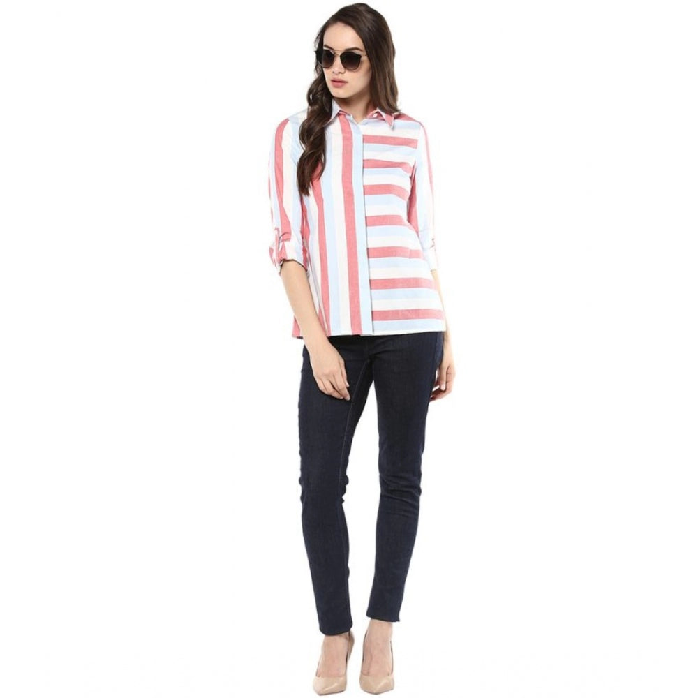 Indoraa Women's Cotton Striped Roll Up Sleeve Regular Top (Red)