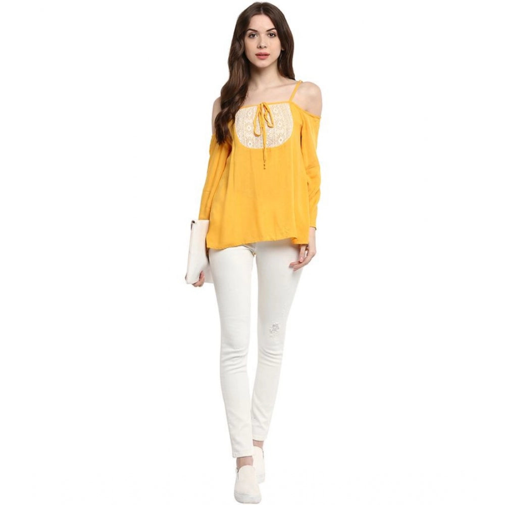Indoraa Women's Rayon Embellished Cold Shoulder Regular Top (Mustard Yellow)