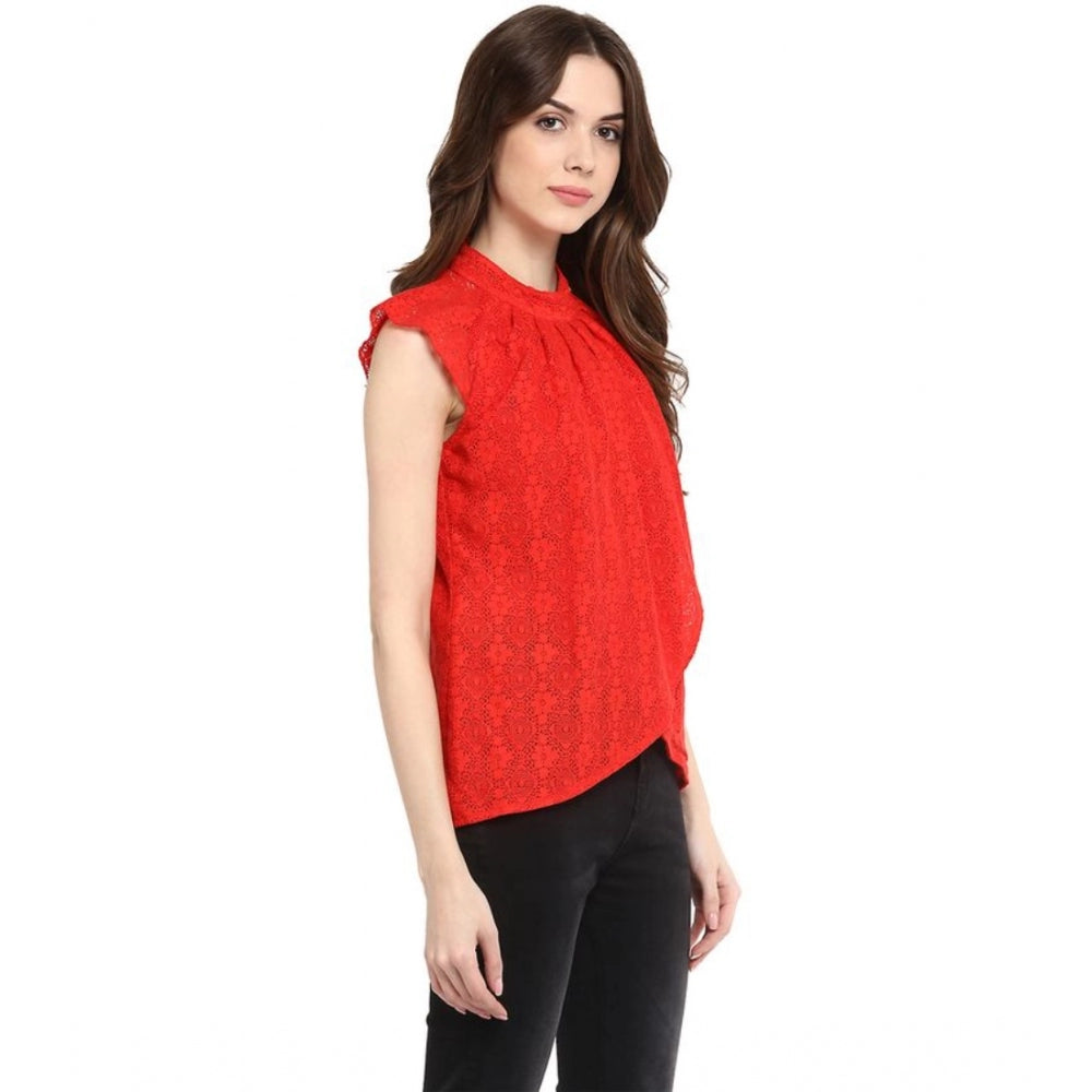 Indoraa Women's Cotton Lace Embellished Cap Sleeve Regular Top (Red)