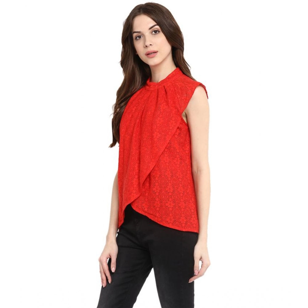 Indoraa Women's Cotton Lace Embellished Cap Sleeve Regular Top (Red)