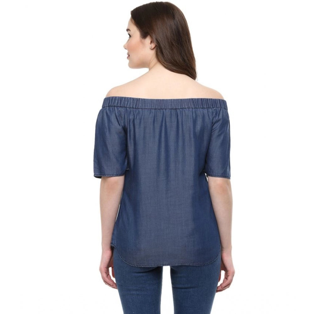 Indoraa Women's Denim Solid Short Sleeve Regular Top (Blue)