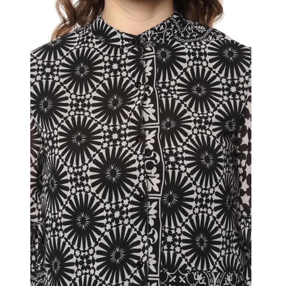 Indoraa Women's Polyester Printed Balloon Sleeve Top (Black - White)