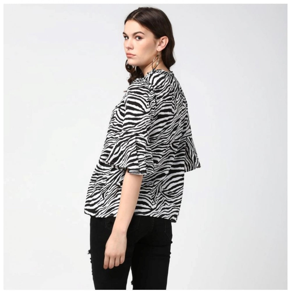 Indoraa Women's Polyester Animal Print Bell Sleeve Top (Black - White)