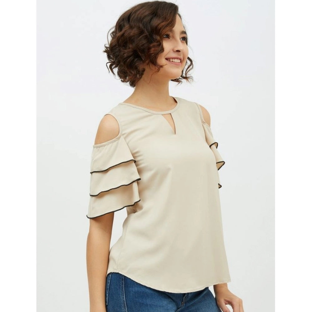 Indoraa Women's Polyester Tiered Cold Shoulder Top (Beige)