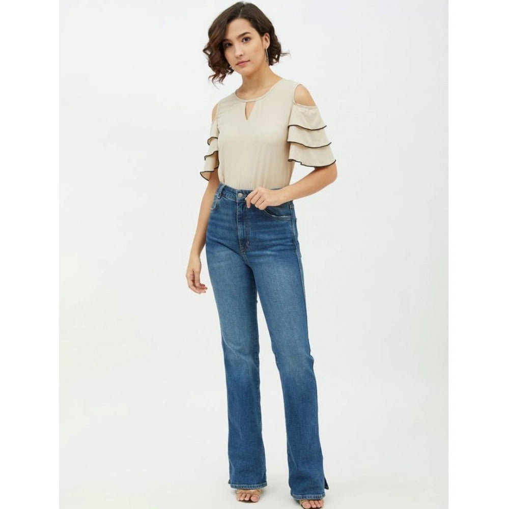 Indoraa Women's Polyester Tiered Cold Shoulder Top (Beige)