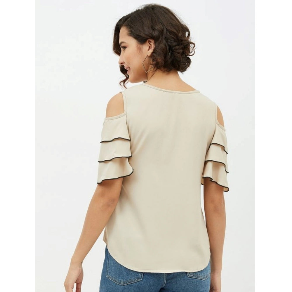 Indoraa Women's Polyester Tiered Cold Shoulder Top (Beige)