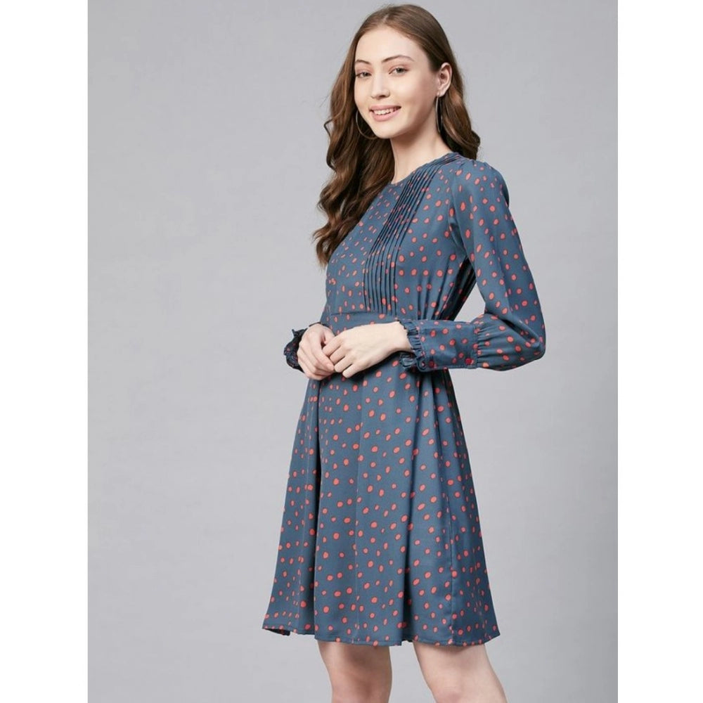 Indoraa Women's Polyester Polka Long Sleeves Above Knee Dress (Grey - Coral)