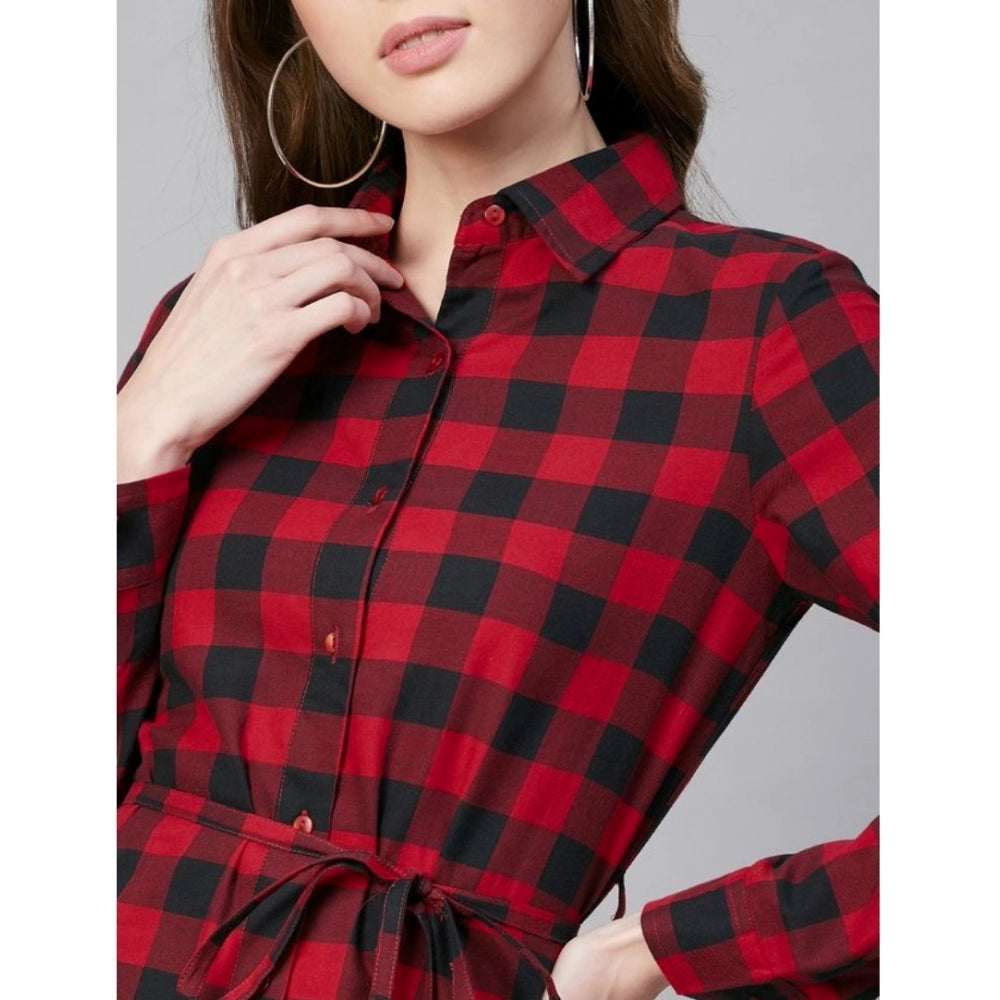 Indoraa Women's Cotton Checkered Long Sleeves Above Knee Dress (Red - Black)