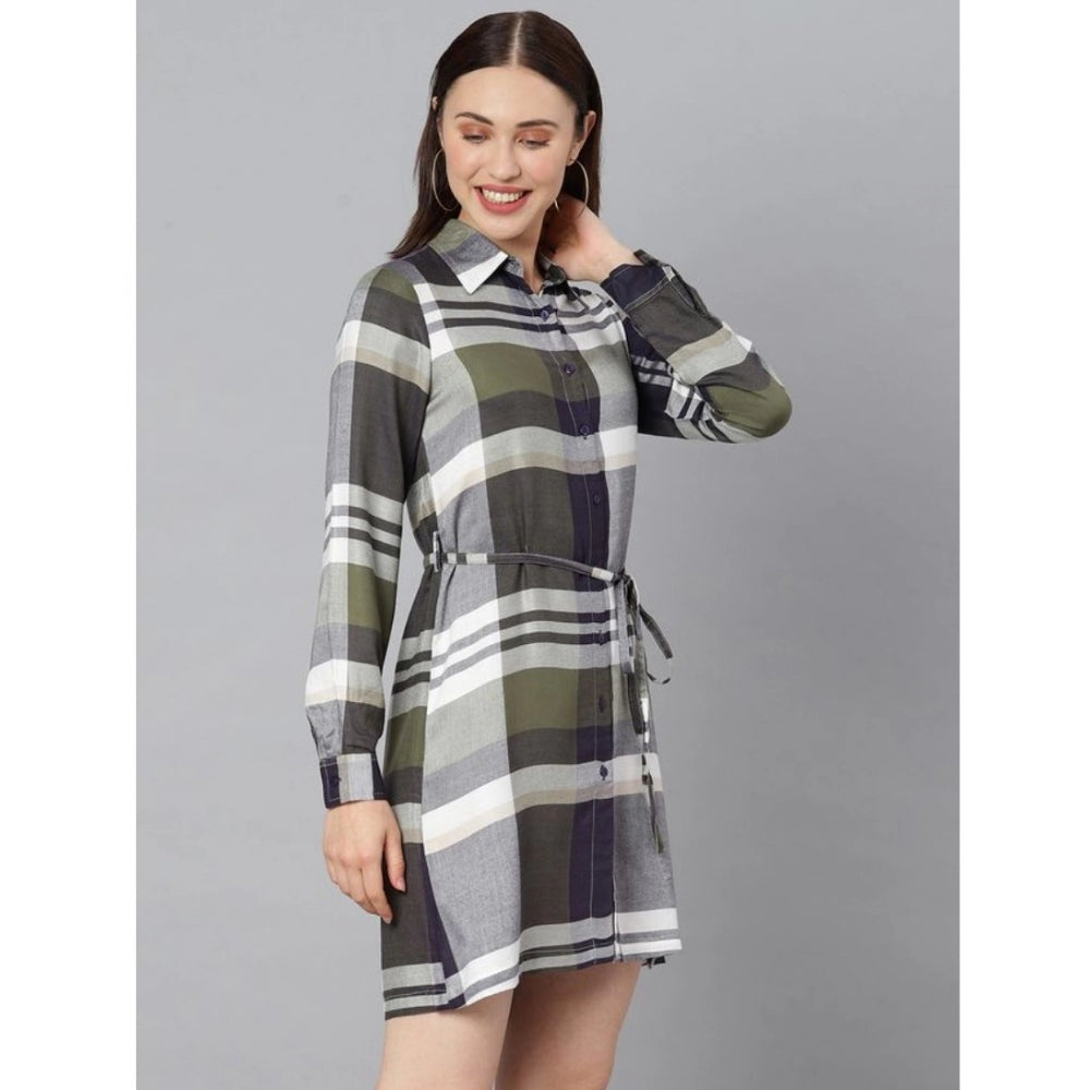 Indoraa Women's Cotton Checkered Long Sleeves Above Knee Dress (Olive - White)
