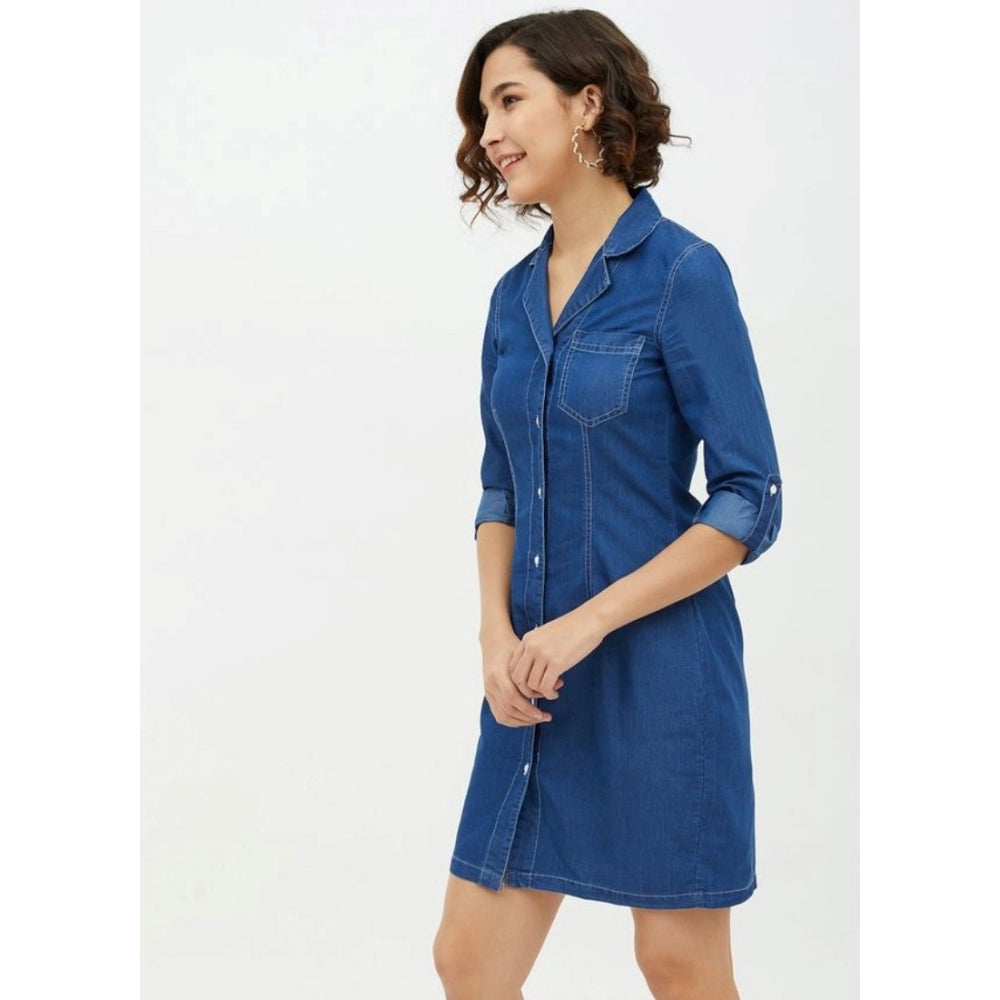Indoraa Women's Denim Solid Long Sleeves Above Knee Dress (Blue)