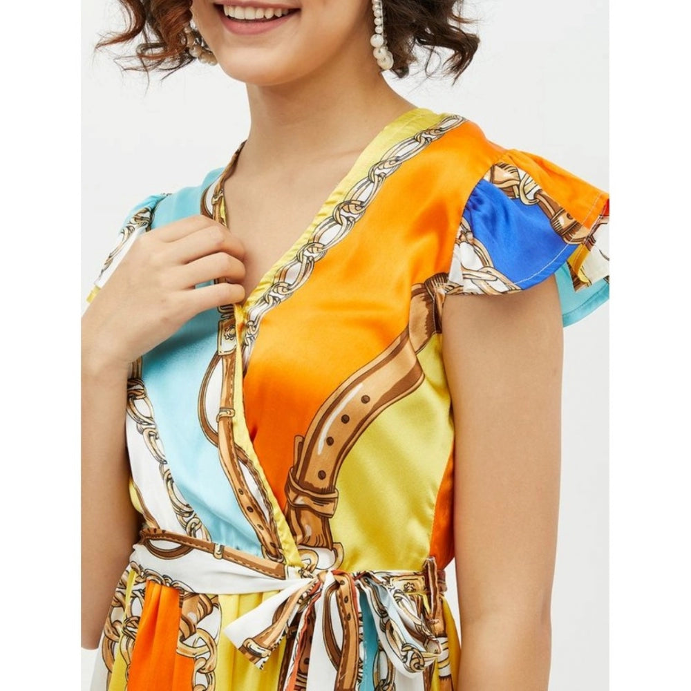 Indoraa Women's Satin Chain Print Cap Sleeve Calf-length Dress (Multicolor)
