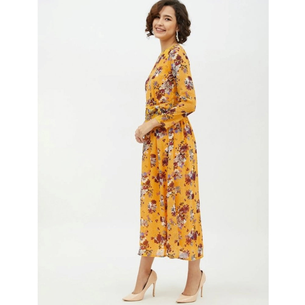 Indoraa Women's Polyester Floral Long Sleeves Calf-length Dress (Multicolor)