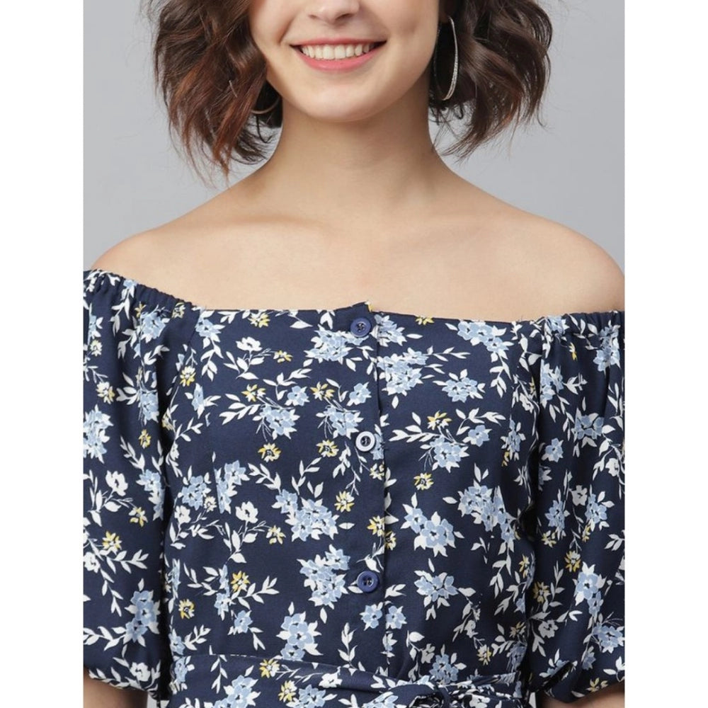 Indoraa Women's Polyester Off Shoulder Half Sleeve Above Knee Dress (Blue)