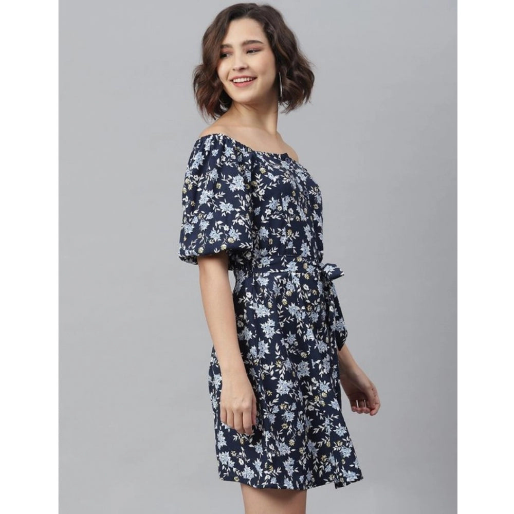 Indoraa Women's Polyester Off Shoulder Half Sleeve Above Knee Dress (Blue)