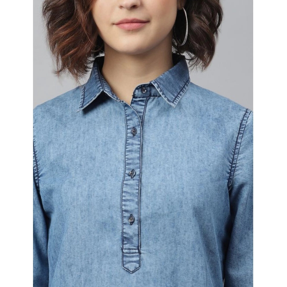 Indoraa Women's Denim Solid Long Sleeves Above Knee Dress (Ice Blue)