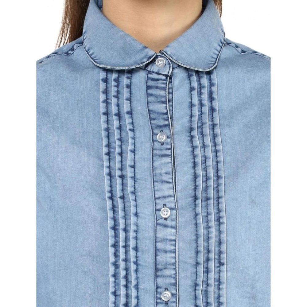Indoraa Women's Denim Solid 3-4th Sleeves Standard Length Shirt (Blue)