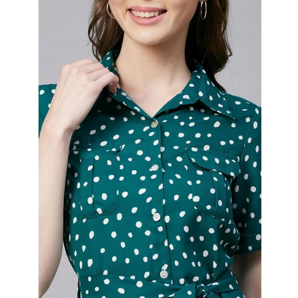 Indoraa Women's Polyester Polka Short Sleeve Above Knee Dress (Blue - White)