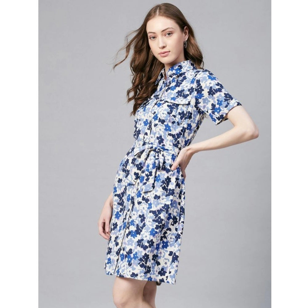 Indoraa Women's Polyester Floral Short Sleeve Above Knee Dress (Blue - White)