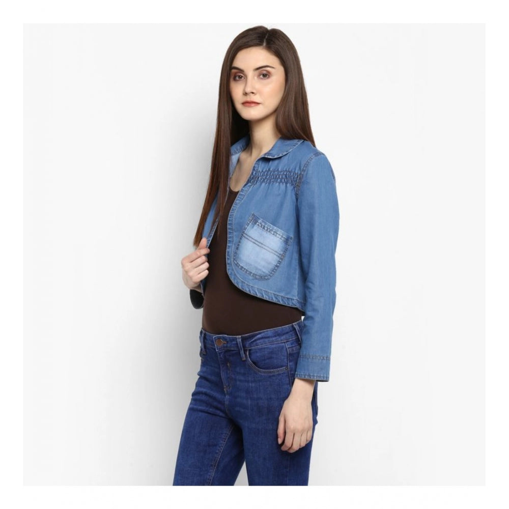 Indoraa Women's Denim Smocking 3-4th Sleeves Shrug (Blue)
