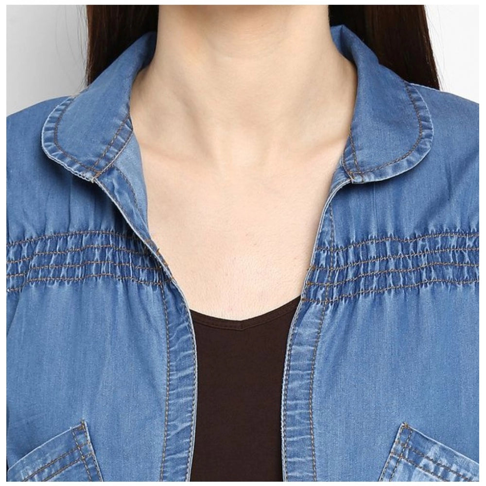 Indoraa Women's Denim Smocking 3-4th Sleeves Shrug (Blue)