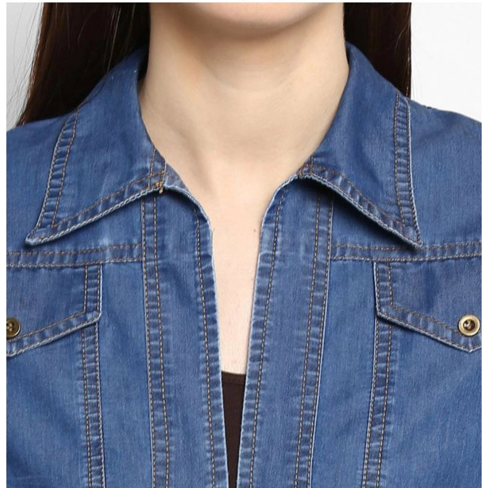 Indoraa Women's Denim Solid 3-4th Sleeves Shrug (Blue)