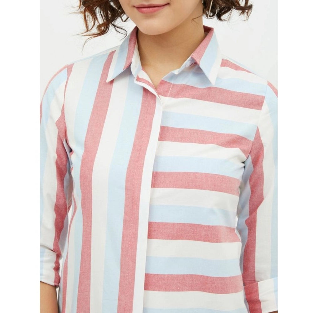 Indoraa Women's Cotton Striped Long Sleeves Standard Length Shirt (Pink)