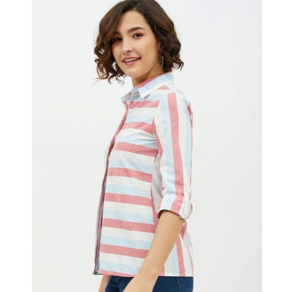 Indoraa Women's Cotton Striped Long Sleeves Standard Length Shirt (Pink)
