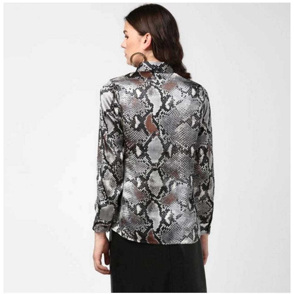 Indoraa Women's Satin Animal Print Long Sleeves Standard Length Shirt (Black - Grey)