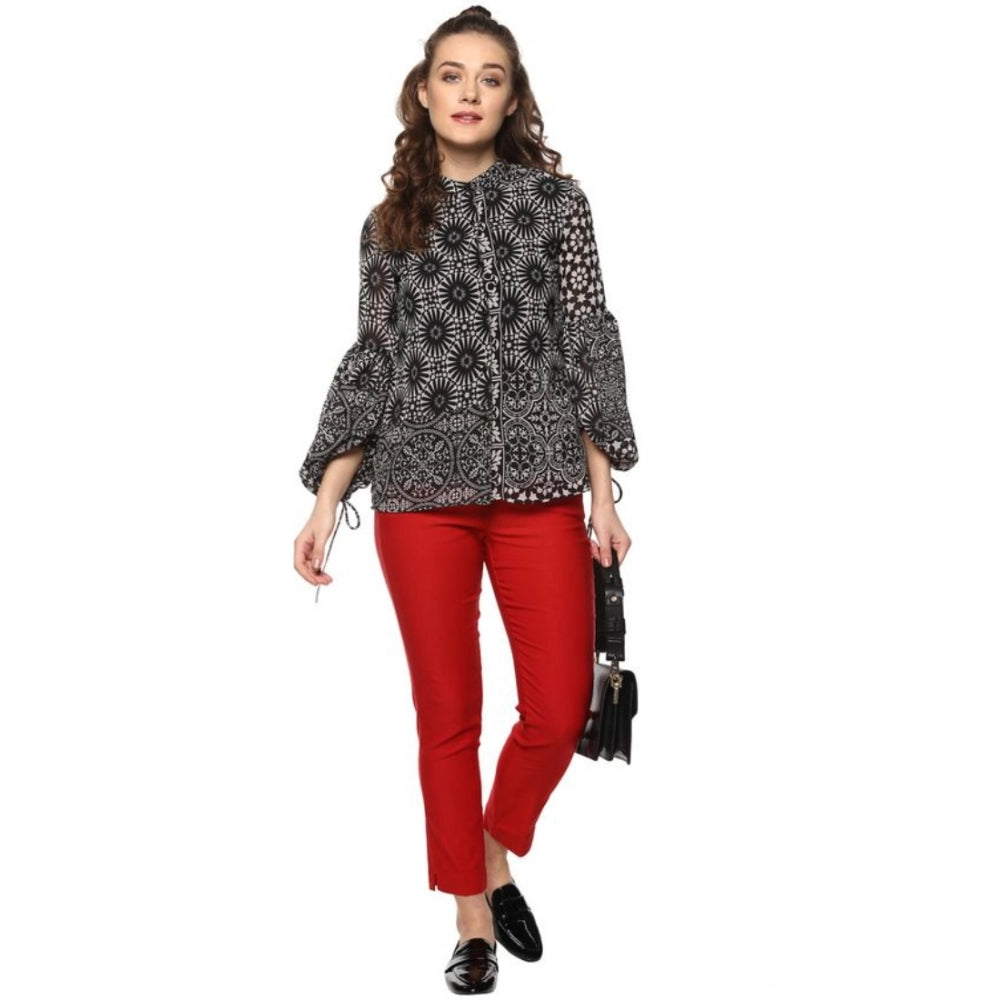 Indoraa Women's Polyester Printed Balloon Sleeve Top (Black - White)