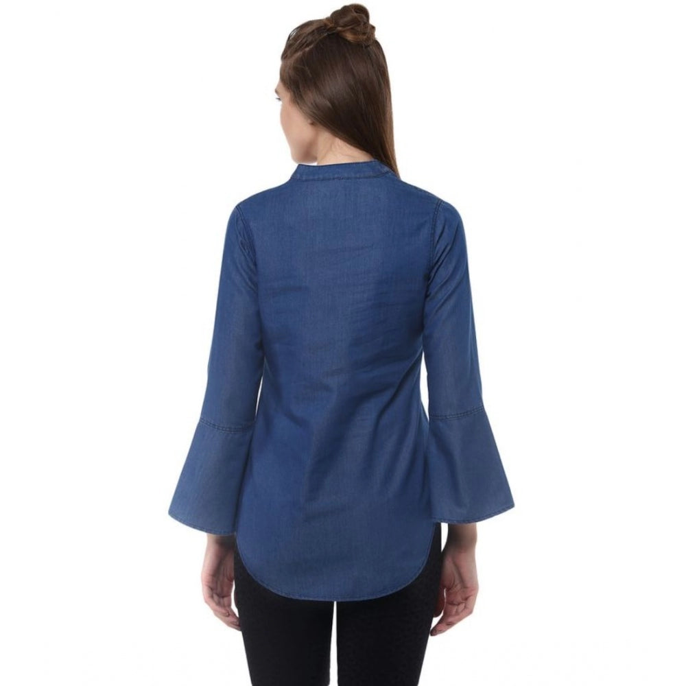 Indoraa Women's Denim Solid Bell Sleeve Regular Top (Blue Denim)