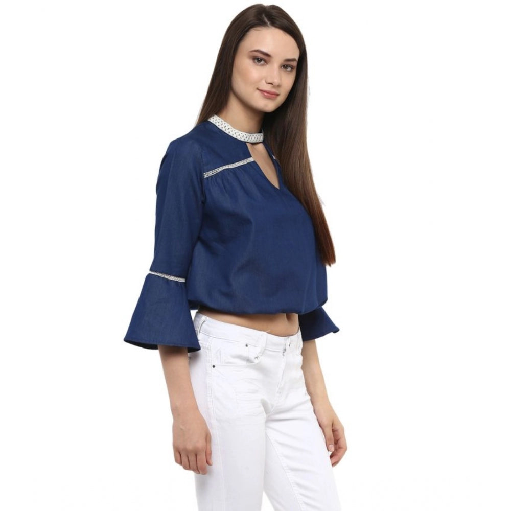 Indoraa Women's Polyester Solid Bell Sleeve Regular Top (Blue)