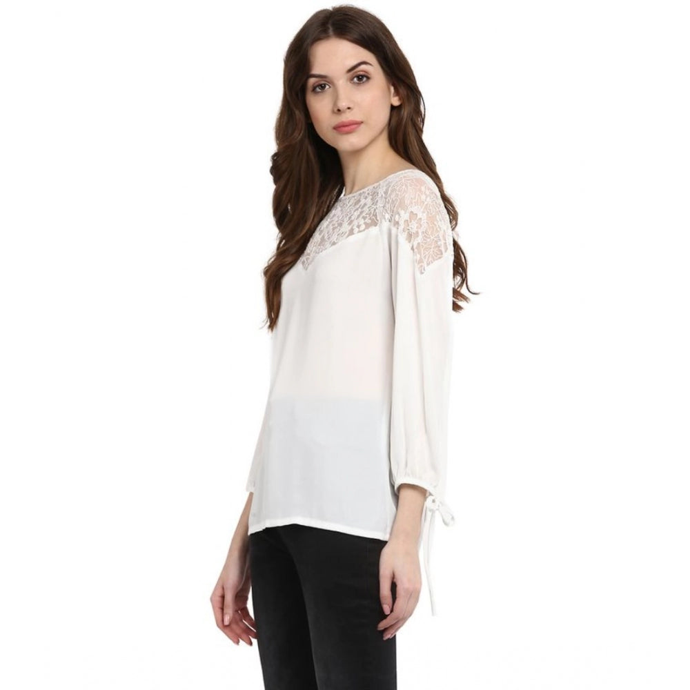 Indoraa Women's Polyester Georgette Self Design 3-4th Sleeves Regular Top (White)