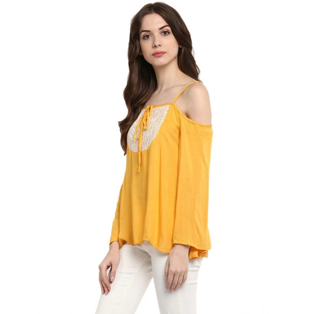 Indoraa Women's Rayon Embellished Cold Shoulder Regular Top (Mustard Yellow)