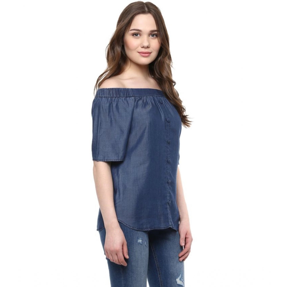 Indoraa Women's Denim Solid Short Sleeve Regular Top (Blue)