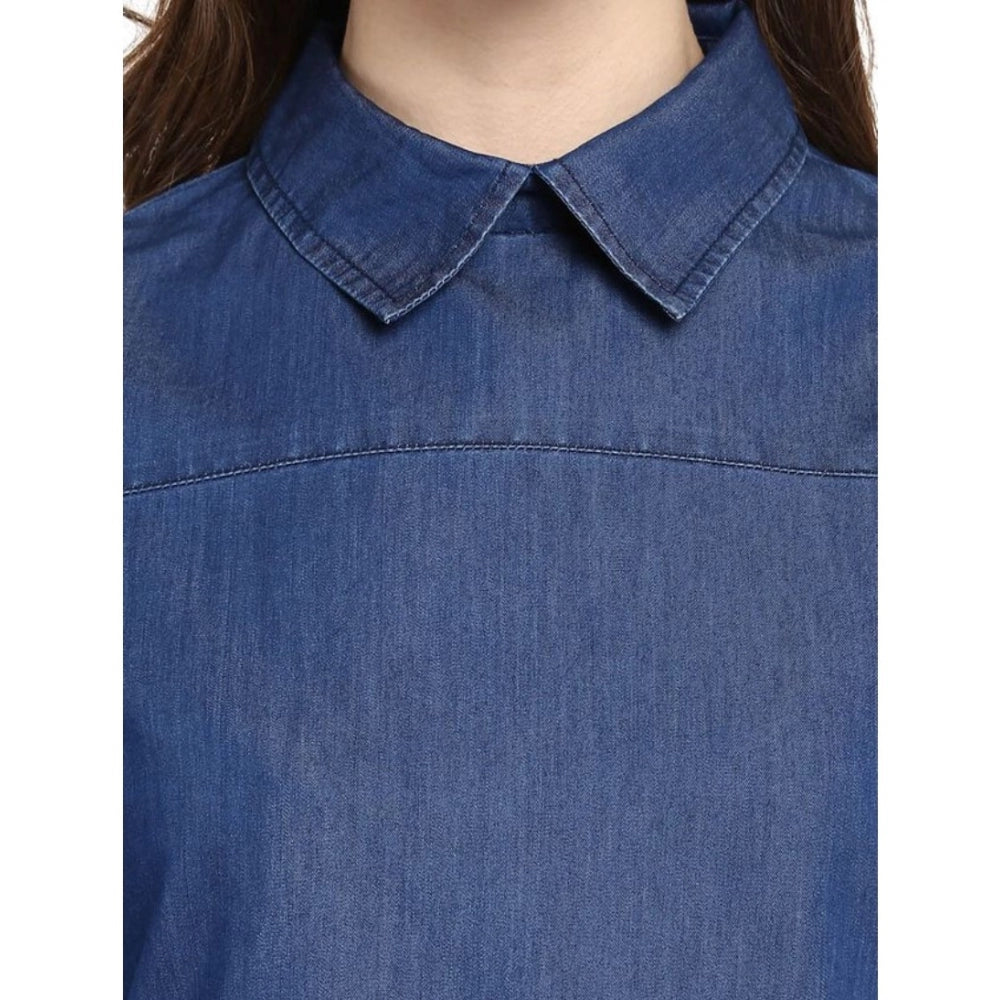 Indoraa Women's Denim Solid Cold Shoulder Regular Top (Blue)
