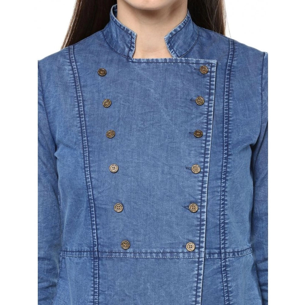 Indoraa Women's Denim Solid 3-4th Sleeves Regular Top (Blue)