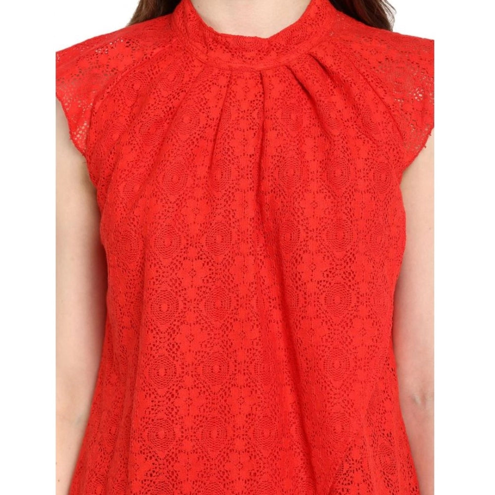 Indoraa Women's Cotton Lace Embellished Cap Sleeve Regular Top (Red)