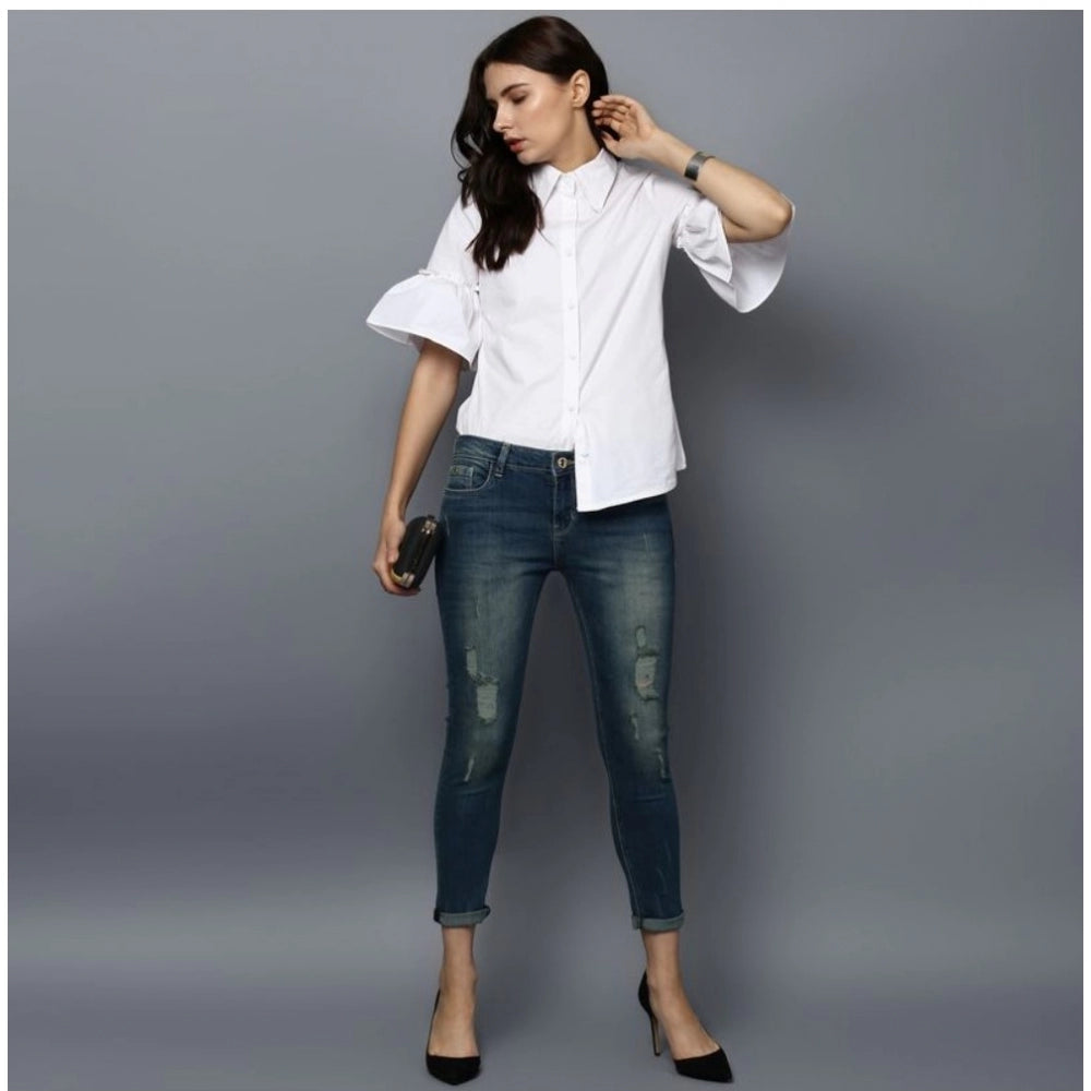 Indoraa Women's Cotton Solid Bell Sleeve Top (White)