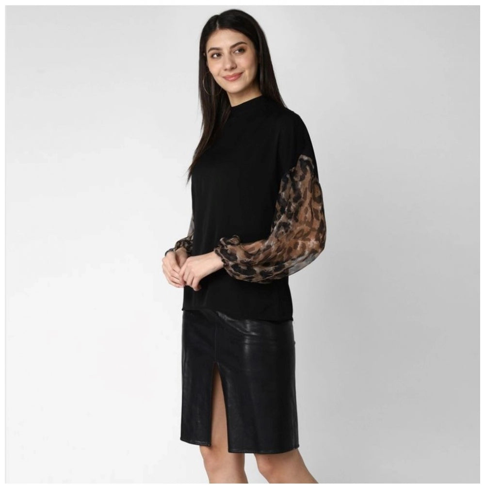 Indoraa Women's Polyester Animal Print Long Sleeves Top (Black)