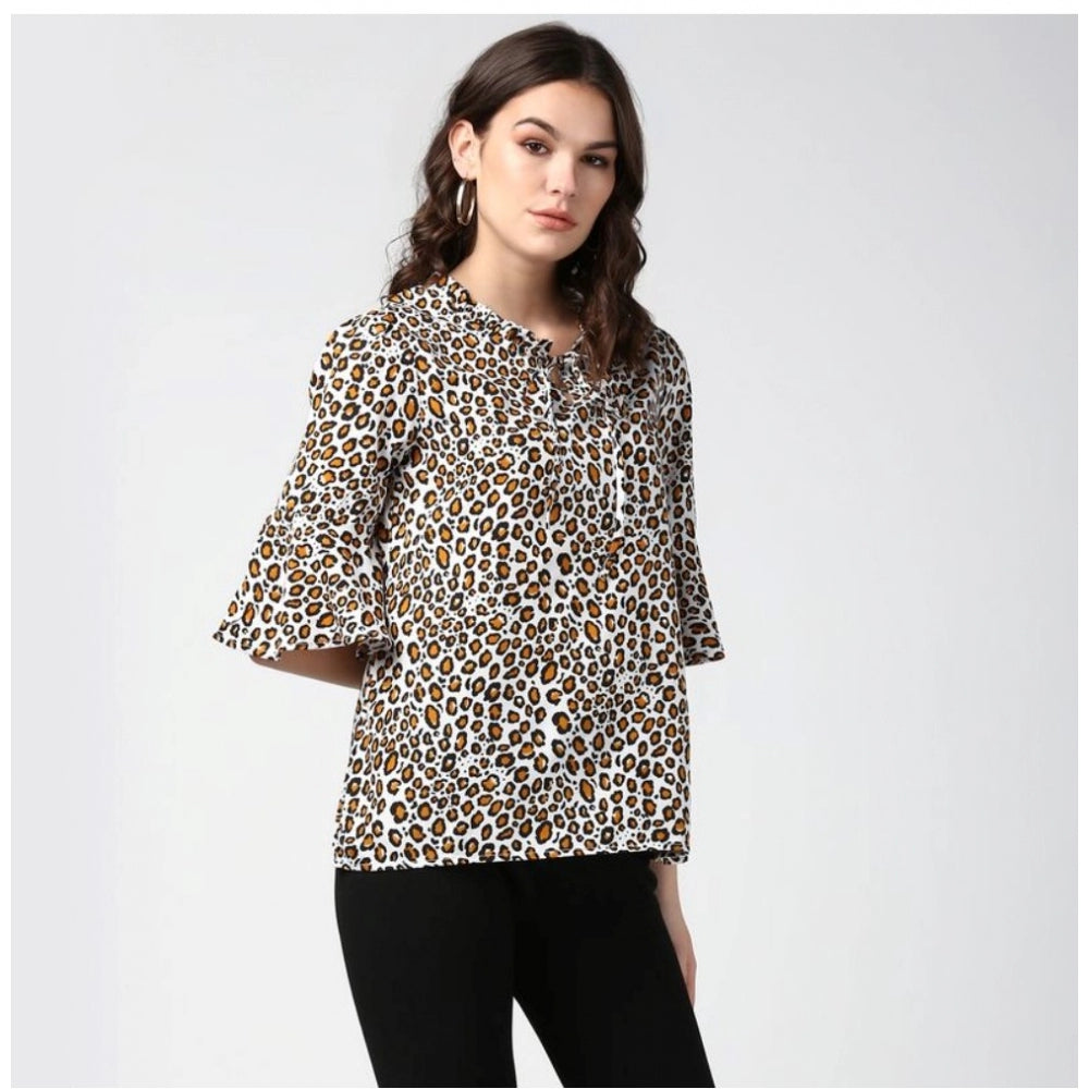 Indoraa Women's Polyester Animal Print Bell Sleeve Top (Orange - Black)