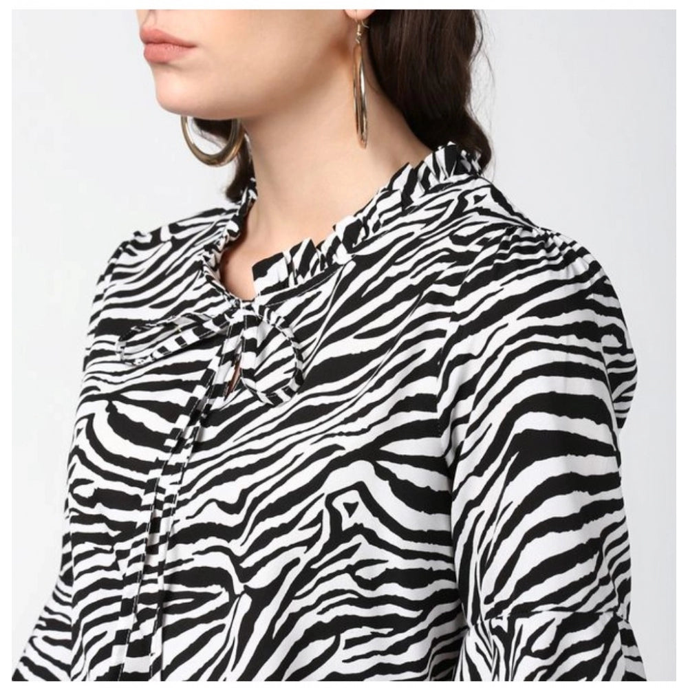 Indoraa Women's Polyester Animal Print Bell Sleeve Top (Black - White)
