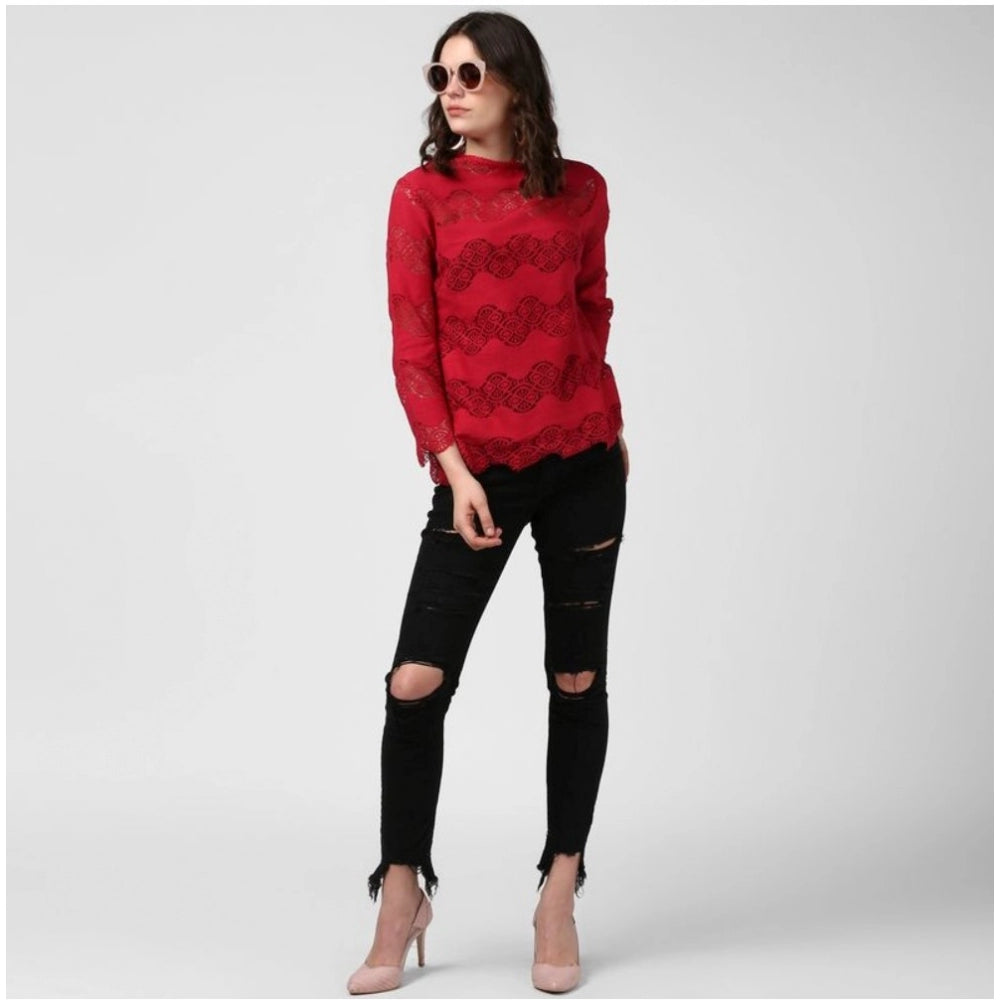 Indoraa Women's Cotton Self Design Long Sleeves Top (Maroon)