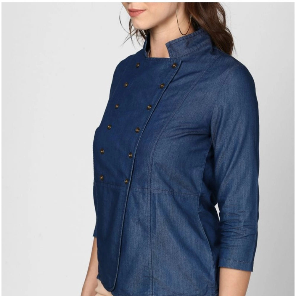 Indoraa Women's Denim Solid 3-4th Sleeves Top (Blue)
